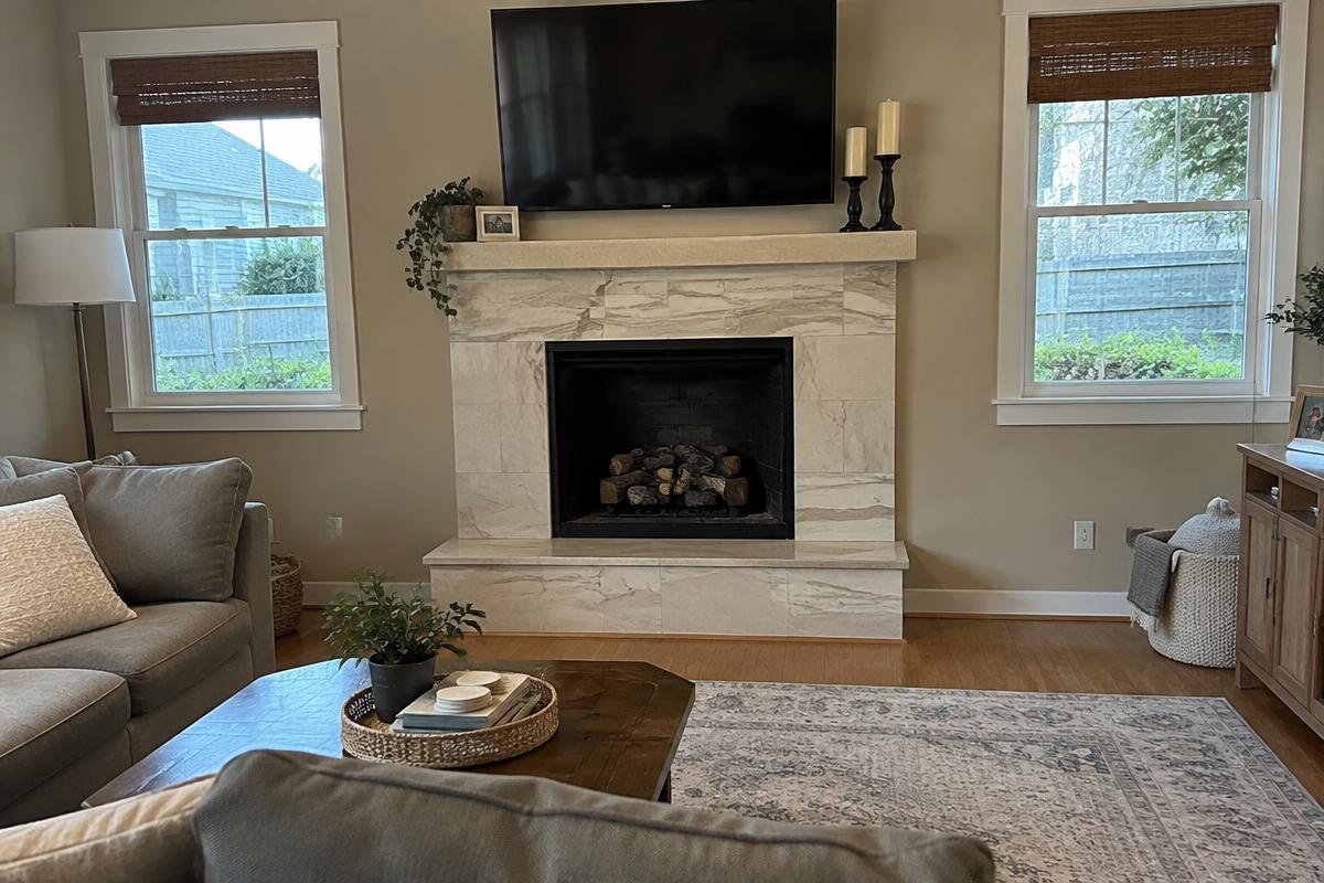 Living room fireplace with a cream veined stone surround and stone hearth